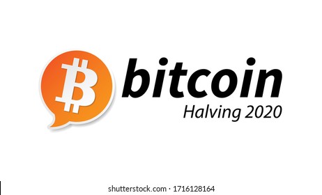 Bitcoin icon, logo crypto currency. symbol white emblem on orange speech icon background and black text Halving 2020 in paper flat style. banner trendy modern illustration.