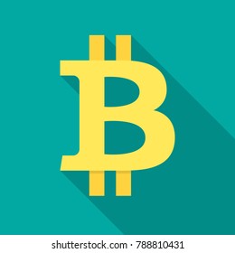 Bitcoin icon with long shadow. Flat design style. Crypto currency simple silhouette. Modern, minimalist icon in stylish colors. Web site page and mobile app design vector element.