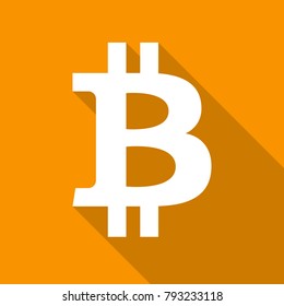 Bitcoin icon with long shadow. Flat design style. Crypto currency simple silhouette. Modern, minimalist icon in stylish colors. Web site page and mobile app design vector element.
