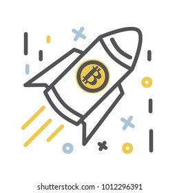 Bitcoin icon in modern thin line style  rocket ship launching towards to the moon.Concept of crypto-currency
