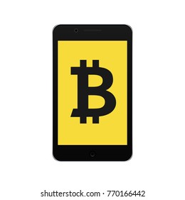 Bitcoin icon on cell smart phone. Mobile device and cryptocurrency symbol. E-commerce and payment concept. Vector Illustration