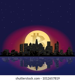 Bitcoin icon on the moon rises over the night city. Concept of crypto-currency 