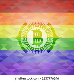 bitcoin icon on mosaic background with the colors of the LGBT flag