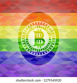 bitcoin icon on mosaic background with the colors of the LGBT flag