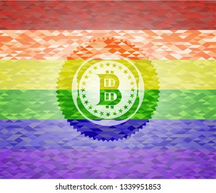 bitcoin icon on mosaic background with the colors of the LGBT flag