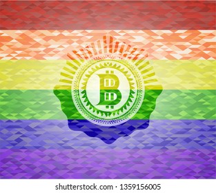 bitcoin icon on mosaic background with the colors of the LGBT flag