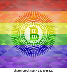 bitcoin icon on mosaic background with the colors of the LGBT flag