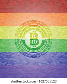 bitcoin icon on mosaic background with the colors of the LGBT flag