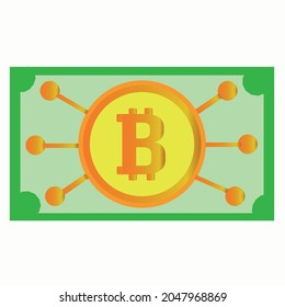 Bitcoin icon on white background in banknote format Vector illustration, symbol in design. Internet web application. Bitcoin as banknote, cash cryptocurrency, financial concept. Vector graphics. 