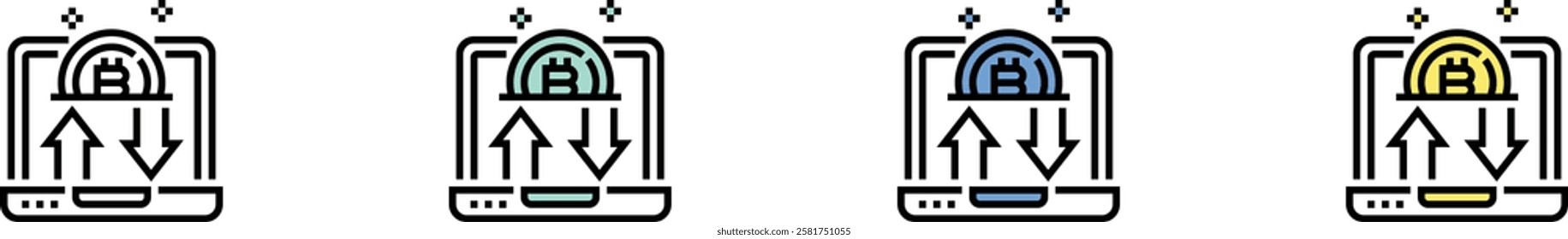 bitcoin icon. Outline, Green, Blue and Yellow Style Design Isolated On White Background