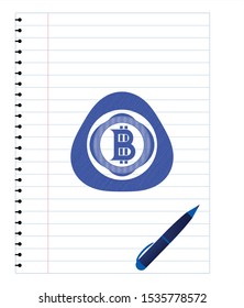 bitcoin icon pen emblem. Blue ink. Vector Illustration. Detailed.