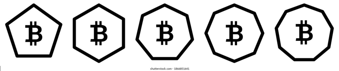 Bitcoin icon in polygons with different number of edges. BTC cryptocurrency sign