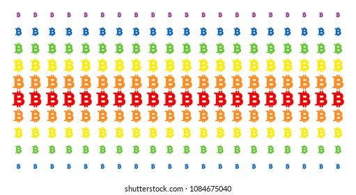 Bitcoin icon rainbow colored halftone pattern. Vector pictograms organized into halftone matrix with vertical rainbow colors gradient. Designed for backgrounds, covers,