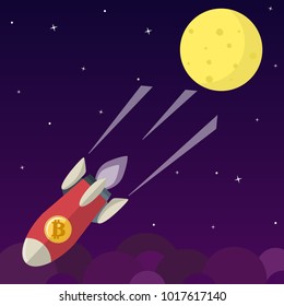 Bitcoin icon rocket ship in flat style fall from the moon on a darck space.Concept of crypto-currency .Bitcoin falls down