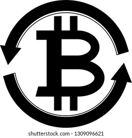 Bitcoin icon in round circle broken with arrows to denote money circulation or distribution.