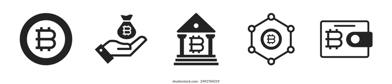 Bitcoin icon set. Set of 5 outline icons related to bitcoin, cryptocurrency, investment, crypto. Linear icon collection. Bitcoin outline icons collection. Editable stroke. Vector illustration.