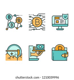 Bitcoin icon set and Cryptocurrency Icons. Mining, coin, gold, money.Vector graphic illustration, isolated on white background.Flat design vector illustration of a business space concept.