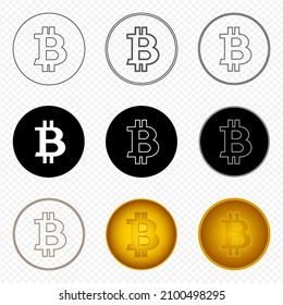 Bitcoin icon set. Cryptocurrency symbols logo. Digital currency. Flat design. Vector illustration graphic isolated on transparent background.