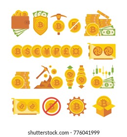 Bitcoin icon set. Bitcoin digital money, cryptocurrency system and mining pool. Flat cartoon style. Vector illustration.