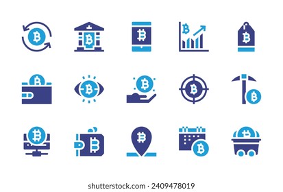 Bitcoin icon set. Duotone color. Vector illustration. Containing exchange, tag, bitcoin wallet, mining, bitcoin, graph, bank, aim, vision, time, crypto wallet. svg