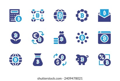 Bitcoin icon set. Duotone color. Vector illustration. Containing exchange rate, bitcoin, bitcoins, money bag, cryptocurrency, blockchain, exchange, system, piggy bank.