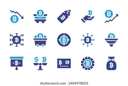 Bitcoin icon set. Duotone color. Vector illustration. Containing bitcoin, tag, chip, filter, target, presentation, money bag, card, load, mining, balance.