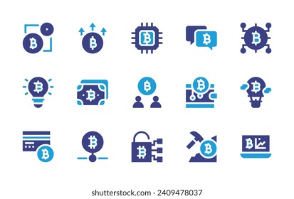 Bitcoin icon set. Duotone color. Vector illustration. Containing bitcoin, wallet, chat, cpu, digital currency, cryptocurrency, users, idea, hot air balloon, locker, credit card, analysis.