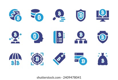 Bitcoin icon set. Duotone color. Vector illustration. Containing coins stack, bitcoin, global, payment, search, gold, shield, book, umbrella, bag, tag.