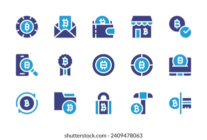 Bitcoin icon set. Duotone color. Vector illustration. Containing wallet, bitcoin, bitcoins, shop, pie chart, mining.