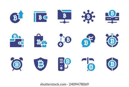 Bitcoin icon set. Duotone color. Vector illustration. Containing increase, folder, statistics, wallet, cash, digital currency, stopwatch, shopping bag, talk, alarm clock, pc, cryptocurrency, shield.