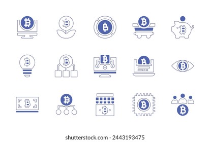 Bitcoin icon set. Duotone style line stroke and bold. Vector illustration. Containing bitcoins, bitcoin, store, chip, laptop, load.