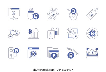 Bitcoin icon set. Duotone style line stroke and bold. Vector illustration. Containing bitcoins, bitcoin, tag, target, bill, link, data, check, bar chart, folder, searcher, digital currency, pc.