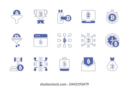 Bitcoin icon set. Duotone style line stroke and bold. Vector illustration. Containing bitcoin, chip, filter, cryptocurrency, software, usb, funnel, blockchain, judgment, bag, trophy.