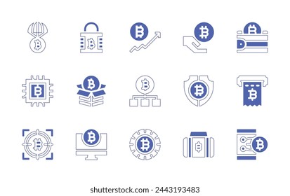 Bitcoin icon set. Duotone style line stroke and bold. Vector illustration. Containing bitcoin, cryptocurrency, digital wallet, security, box, invoice, computer, smartphone.