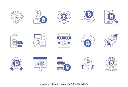 Bitcoin icon set. Duotone style line stroke and bold. Vector illustration. Containing bitcoins, bitcoin, rocket, digital currency, reward, settings, aim, store, coins, anonymity, statistics, shopping. svg