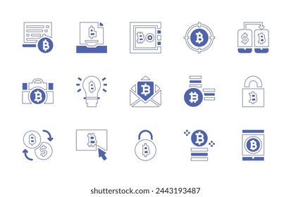 Bitcoin icon set. Duotone style line stroke and bold. Vector illustration. Containing bitcoin, lock, exchange, crypto, record, briefcase, online payment.