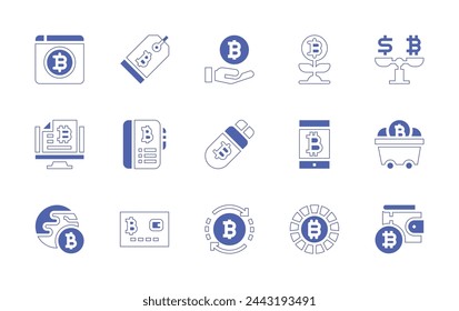 Bitcoin icon set. Duotone style line stroke and bold. Vector illustration. Containing wallet, bitcoin, growth, card, global, book, tag, mining, balance.