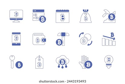 Bitcoin icon set. Duotone style line stroke and bold. Vector illustration. Containing wallet, bitcoin, diagram, computer, money bag, mining, calendar, cloud, idea.