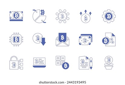 Conjunto de iconos de Bitcoin. Trazo de línea de estilo duotono y negrita. Ilustración vectorial. Contiene bitcoin, banco, cpu, casillero, análisis, dinero, correo electrónico, calculadora, valor, gráfico circular.