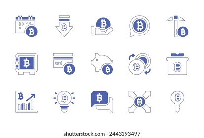 Bitcoin icon set. Duotone style line stroke and bold. Vector illustration. Containing exchange, bitcoin, bitcoins, bitcoin mining, key, safe box, idea, credit card, graph, down, time, present.