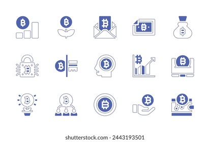 Bitcoin icon set. Duotone style line stroke and bold. Vector illustration. Containing bitcoins, bitcoin, wallet, team, growth, diagram.