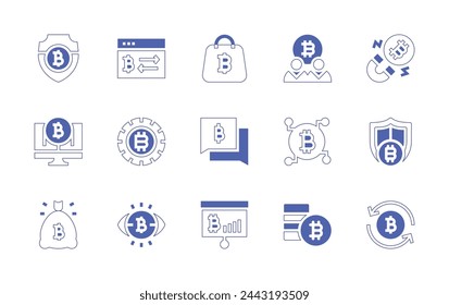 Bitcoin icon set. Duotone style line stroke and bold. Vector illustration. Containing bitcoin, exchange, bitcoin bag, cryptocurrency, payment, shield, vision, bag, magnet.