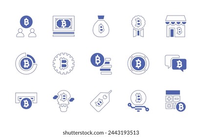 Bitcoin icon set. Duotone style line stroke and bold. Vector illustration. Containing bitcoin, chat, cash, shop, users, hot air balloon, atm machine, coins, calculator.