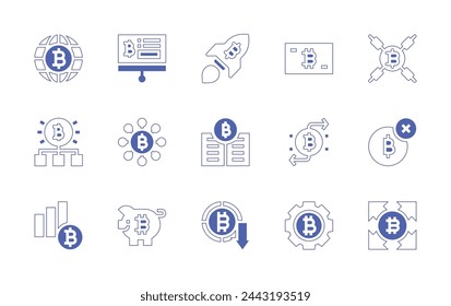 Bitcoin icon set. Duotone style line stroke and bold. Vector illustration. Containing startup, bitcoins, bitcoin, world, system, piggy bank, structure, presentation, diagram.