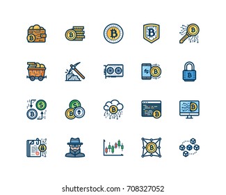 Bitcoin icon set, filled outline style