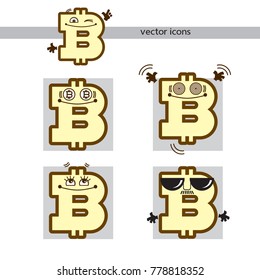 Bitcoin icon, set of funny cartoon characters with smile. Concept of money and currency. Vector illustration on white background. 
