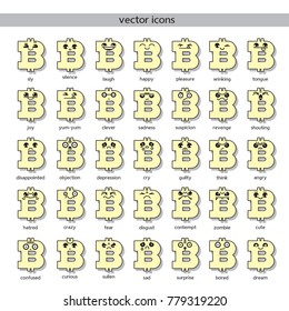 Bitcoin icon, set of funny cartoon characters with smile. Concept of money and  joy, happiness, sadness, depression. Vector illustration on white background.
