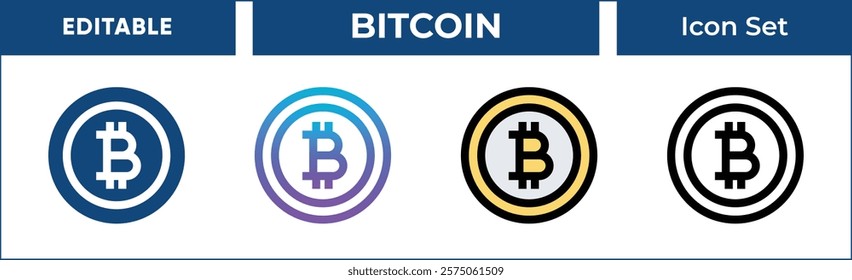 Bitcoin Icon Set. Includes line, gradient, filled, and outline styles. Perfect for cryptocurrency projects, financial websites, and tech presentations.