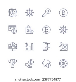 Bitcoin icon set. Thin line icon. Editable stroke. Containing chip, credit card, statistics, reward, connection, shopping bag, analytics, cryptocurrency, key, bitcoin.