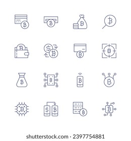 Bitcoin icon set. Thin line icon. Editable stroke. Containing credit card, wallet, money bag, program, atm machine, exchange, blockchain, bitcoin, link.